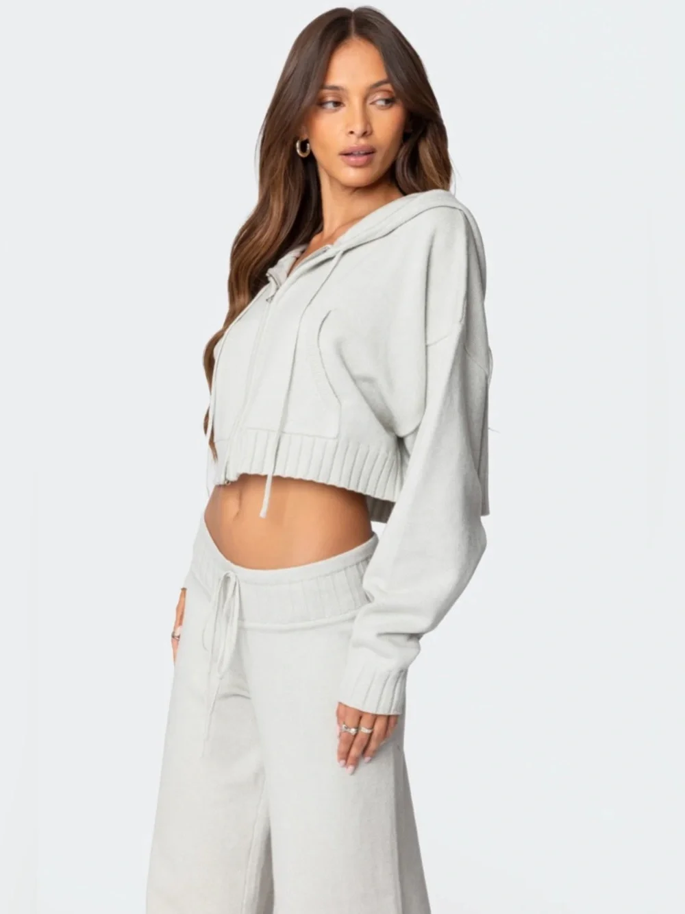 Edikted Russell Knit Hooded Cardigan Gray Cropped Zip Hoodie XS NWT - Picture 3 of 7